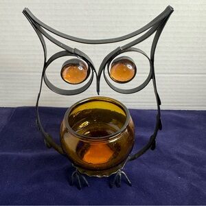 Vintage Metal Owl Hand Blown Amber Glass Tealight Votive Candle Holder
